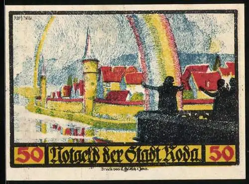 Notgeld Roda 1921, 50 Pfennig, Faustus ergreift einen Regenbogen mit der Hand