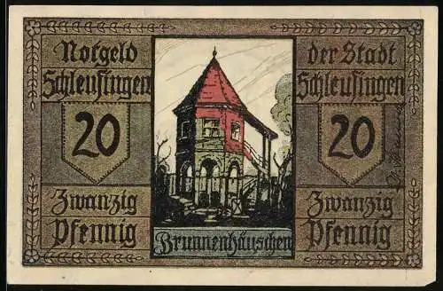 Notgeld Schleusingen, 20 Pfennig, Brunnenhäuschen, das Kind zum Reh verwandelt