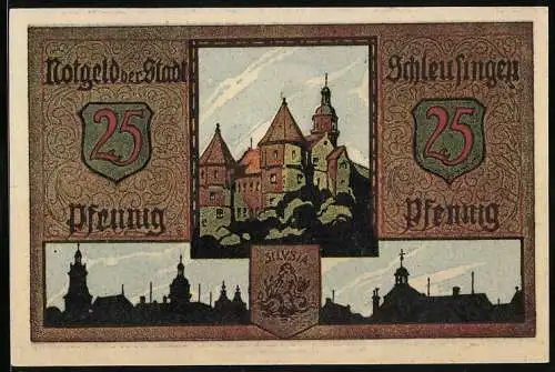 Notgeld Schleusingen, 25 Pfennig, Ortsansicht, Die Wasserfee und die Stadtgründung