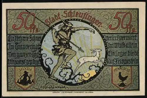 Notgeld Schleusingen, 50 Pfennig, Der Krug, Der Jäger und das weisse Reh