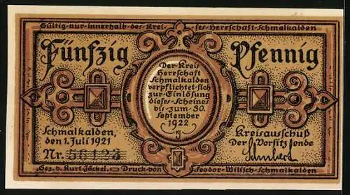 Notgeld Schmalkalden 1921, 50 Pfennig, Wandbilder aus der Iweinsage, Lunete und Askalon