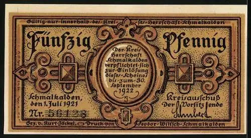 Notgeld Schmalkalden 1921, 50 Pfennig, Wandbilder aus der Iweinsage, Laudine verkündet ihre Wahl