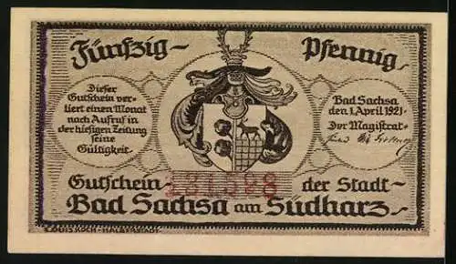 Notgeld Bad Sachsa am Südharz 1921, 50 Pfennig, Schmelzteich mit Katzenstein