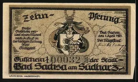 Notgeld Bad Sachsa am Südharz 1921, 10 Pfennig, Das Städtische Badehaus