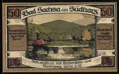 Notgeld Bad Sachsa am Südharz 1921, 50 Pfennig, Schmelzteich mit Katzenstein und Ravensberg