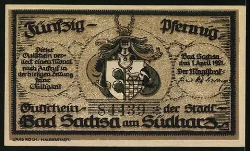 Notgeld Bad Sachsa am Südharz 1921, 50 Pfennig, Schmelzteich mit Katzenstein und Ravensberg