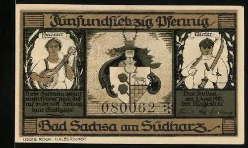 Notgeld Bad Sachsa am Südharz 1921, 75 Pfennig, Sommerlandschaft und Wintersport