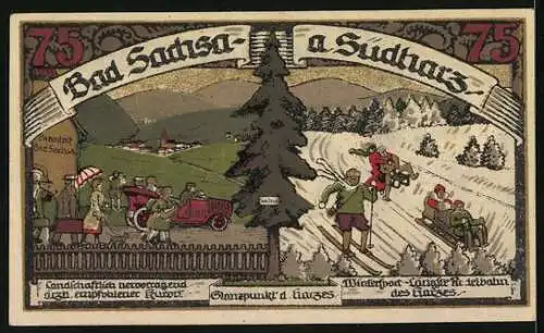 Notgeld Bad Sachsa am Südharz 1921, 75 Pfennig, Sommerlandschaft und Wintersport