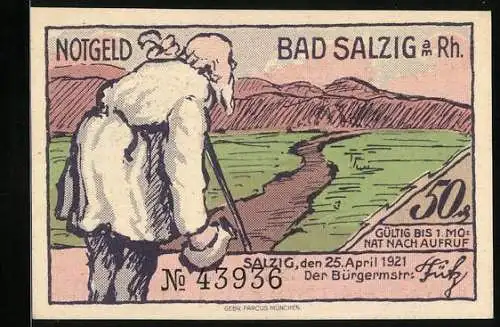 Notgeld Bad Salzig a. Rh. 1921, 50 Pfennig, Alter Wanderer und Flusspartie