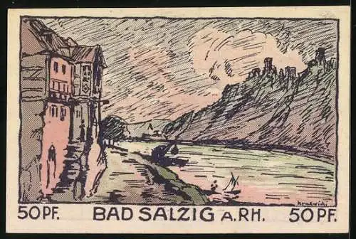 Notgeld Bad Salzig a. Rh. 1921, 50 Pfennig, Alter Wanderer und Flusspartie