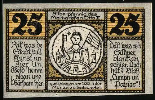 Notgeld Salzwedel 1921, 25 Pfennig, Silberpfennig des Markgrafen Otto II.