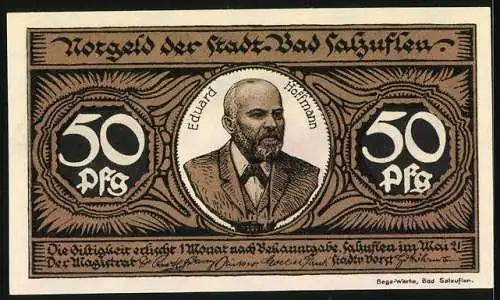 Notgeld Bad Salzuflen 1921, 50 Pfennig, Weisse Katze und Eduard Hoffmann