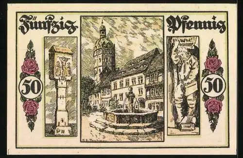 Notgeld Sangerhausen 1921, 50 Pfennig, Brunnen und Rathaus