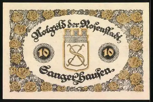 Notgeld Sangerhausen 1921, 10 Pfennig, Ortspartie und Rosen