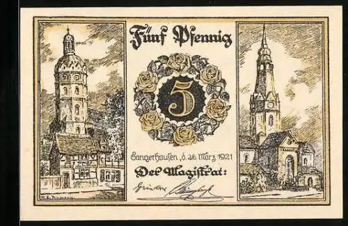 Notgeld Sangerhausen 1921, 5 Pfennig, Jakobturm und Kirche