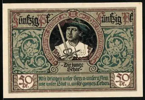 Notgeld Rothenburg 1921, 50 Pfennig, Die junge Schar, Stadtwappen und Ritter