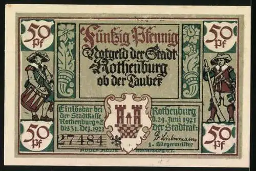 Notgeld Rothenburg 1921, 50 Pfennig, Die junge Schar, Stadtwappen und Ritter