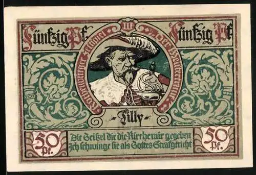 Notgeld Rothenburg 1921, 50 Pfennig, Tilly, Ritter, Stadtwappen