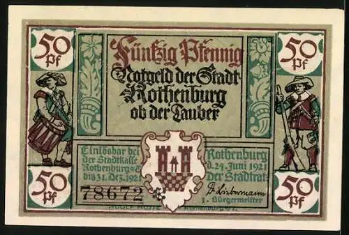 Notgeld Rothenburg 1921, 50 Pfennig, Tilly, Ritter, Stadtwappen