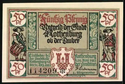 Notgeld Rothenburg 1921, 50 Pfennig, Kellermeister mit Bierkrug