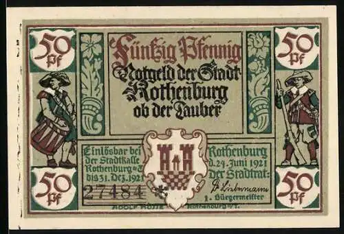 Notgeld Rothenburg 1921, 50 Pfennig, Stadtwappen, Alt-Bürgermeister