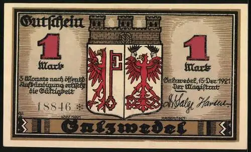 Notgeld Salzwedel 1921, 1 Mark, Die Probstei, Stadtwappen