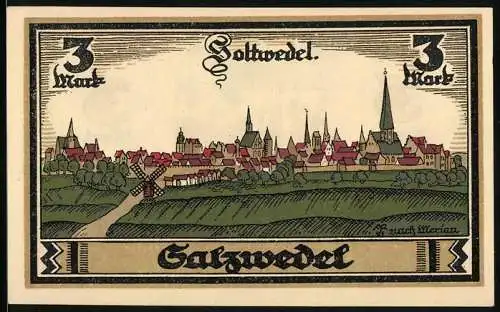 Notgeld Salzwedel 1921, 3 Mark, Stadtansicht, Stadtwappen
