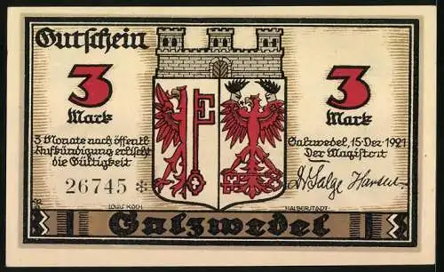 Notgeld Salzwedel 1921, 3 Mark, Stadtansicht, Stadtwappen