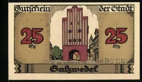 Notgeld Salzwedel 1921, 25 Pfennig, Neuperver Tor, Stadtwappen