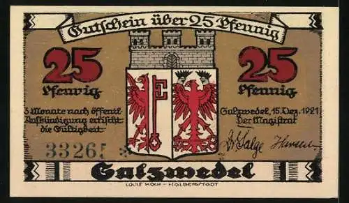 Notgeld Salzwedel 1921, 25 Pfennig, Neuperver Tor, Stadtwappen