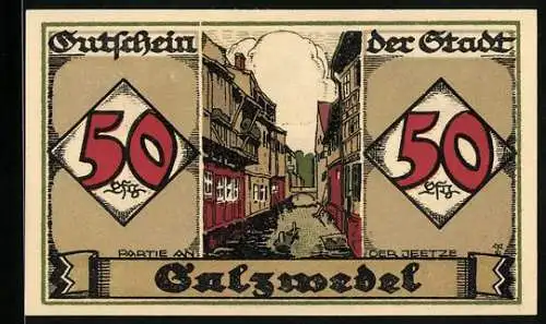 Notgeld Salzwedel 1921, 50 Pfennig, Partie an der Jeetze, Stadtwappen