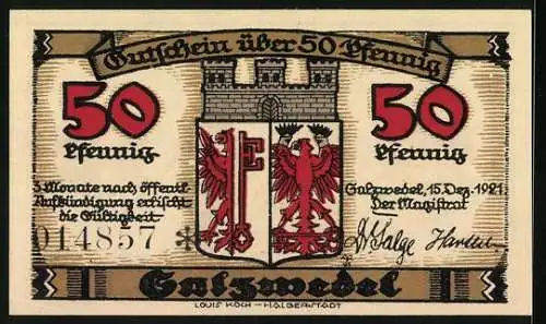 Notgeld Salzwedel 1921, 50 Pfennig, Partie an der Jeetze, Stadtwappen