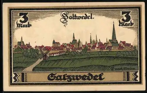 Notgeld Salzwedel 1921, 3 Mark, Ortsansicht, Stadtwappen