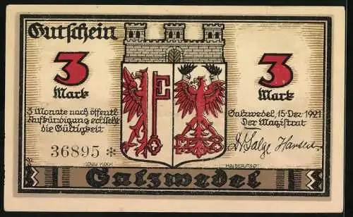 Notgeld Salzwedel 1921, 3 Mark, Ortsansicht, Stadtwappen