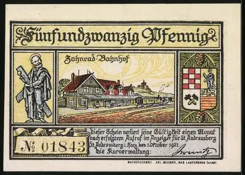 Notgeld St. Andreasberg im Harz 1921, 25 Pfennig, Vogel im Käfig, Zahnrad-Bahnhof