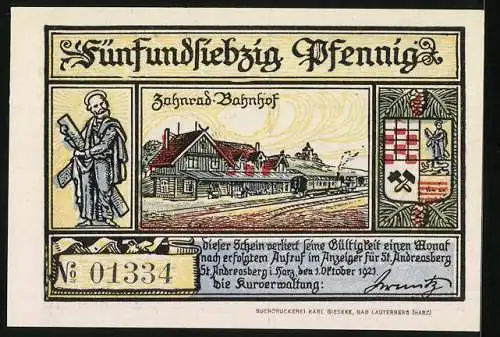 Notgeld St. Andreasberg 1921, 75 Pfennig, Skifahrer im Schnee, Zahnrad-Bahnhof