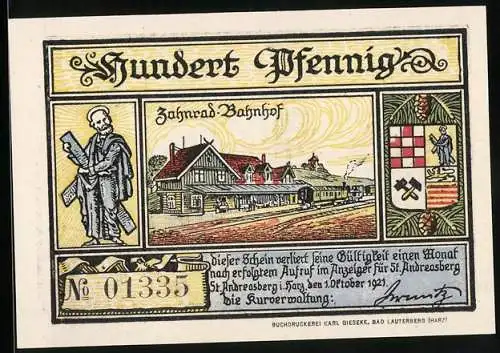 Notgeld St. Andreasberg 1921, 1 Mark, Zahnrad-Bahnhof, Stadtwappen, Ortsansicht mit Bergarbeiter