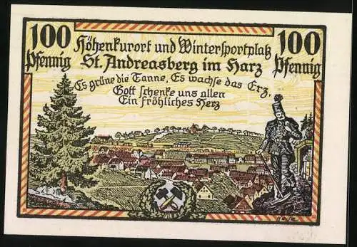 Notgeld St. Andreasberg 1921, 1 Mark, Zahnrad-Bahnhof, Stadtwappen, Ortsansicht mit Bergarbeiter