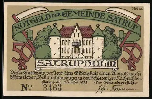Notgeld Satrup 1921, 50 Pfennig, Ansicht vom Schloss