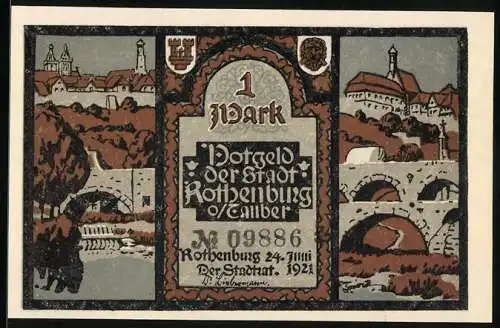 Notgeld Rothenburg 1921, 1 Mark, Burg, Brücken, Gläubige mit Kreuz