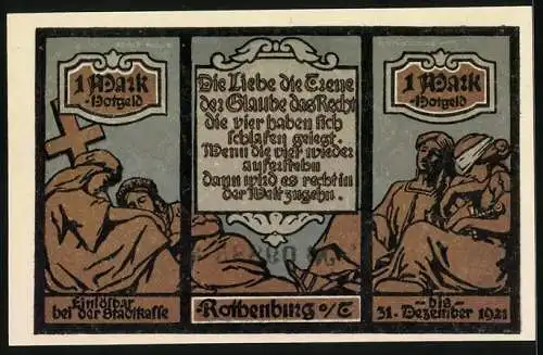 Notgeld Rothenburg 1921, 1 Mark, Burg, Brücken, Gläubige mit Kreuz