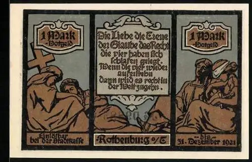 Notgeld Rothenburg 1921, 1 Mark, Gläubige mit Kreuz und Schwert, Strassenpartie
