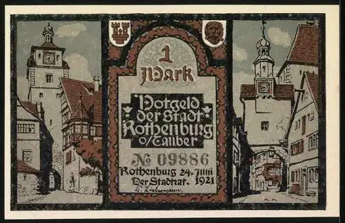 Notgeld Rothenburg 1921, 1 Mark, Gläubige mit Kreuz und Schwert, Strassenpartie