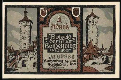 Notgeld Rothenburg 1921, 1 Mark, Strassenpartie, Gläubige mit Kreuz und Schwert