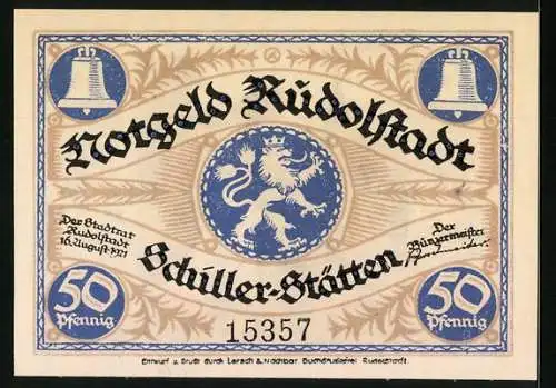 Notgeld Rudolstadt 1921, 50 Pfennig, Charlotte von Lengenfelds Geburtshaus