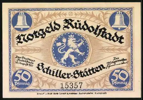 Notgeld Rudolstadt 1921, 50 Pfennig, Stadtkirche, Glocken