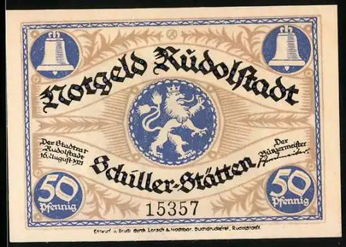 Notgeld Rudolstadt 1921, 50 Pfennig, Stadtwappen und Glocken, ehemalige Glockengiesserei