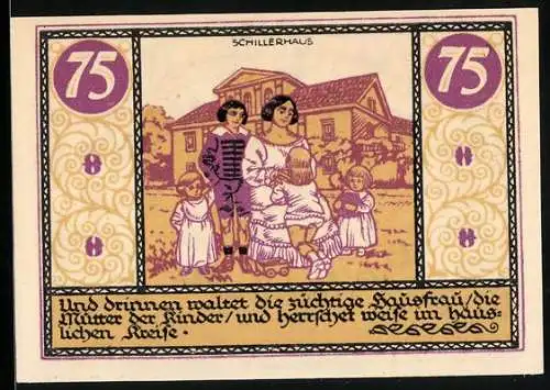 Notgeld Rudolstadt 1921, 75 Pfennig, Mutter mit Kindern vor dem Schillerhaus