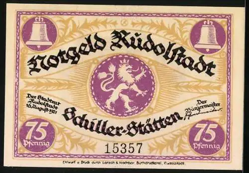 Notgeld Rudolstadt 1921, 75 Pfennig, Mutter mit Kindern vor dem Schillerhaus