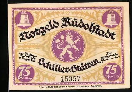 Notgeld Rudolstadt 1921, 75 Pfennig, Stadtwappen, Heidecksburg